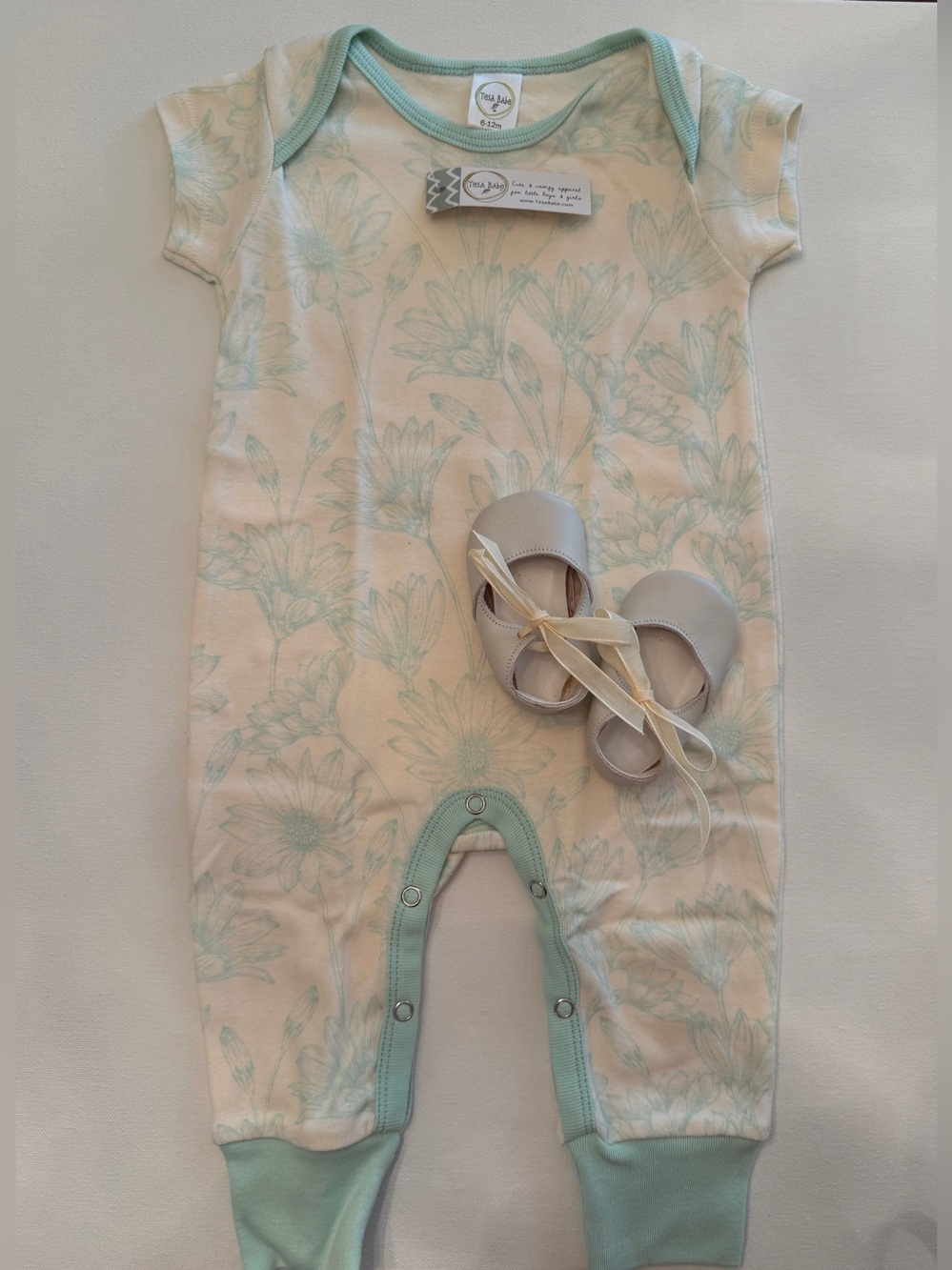Tesa Babe Collection Mint Floral One-Piece Bodysuit for Kids plus Baby Shoes